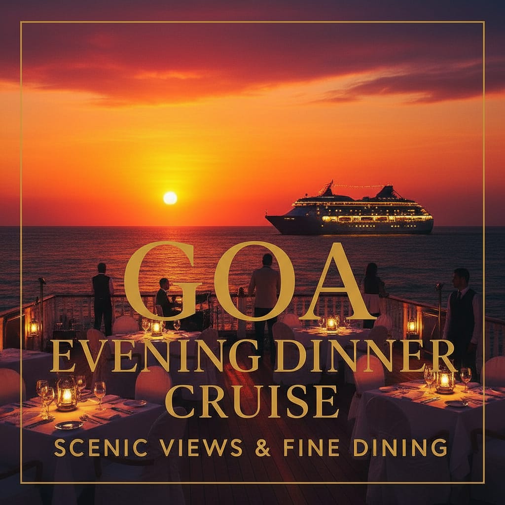 Goa Evening Dinner Cruise with sunset views, luxury dining setup, and ocean backdrop.